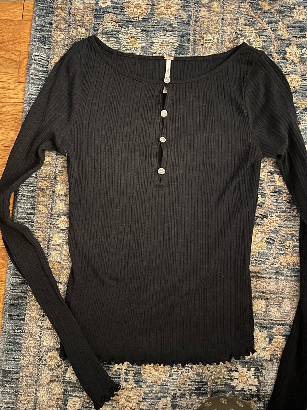 Free People Black Ribbed Long Sleeve Henley with Button Placket